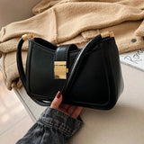 Small Lock Handbags for Women Solid PU Leather Shoulder Bags