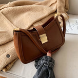 Small Lock Handbags for Women Solid PU Leather Shoulder Bags
