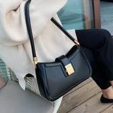 Small Lock Handbags for Women Solid PU Leather Shoulder Bags