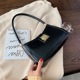 Small Lock Handbags for Women Solid PU Leather Shoulder Bags