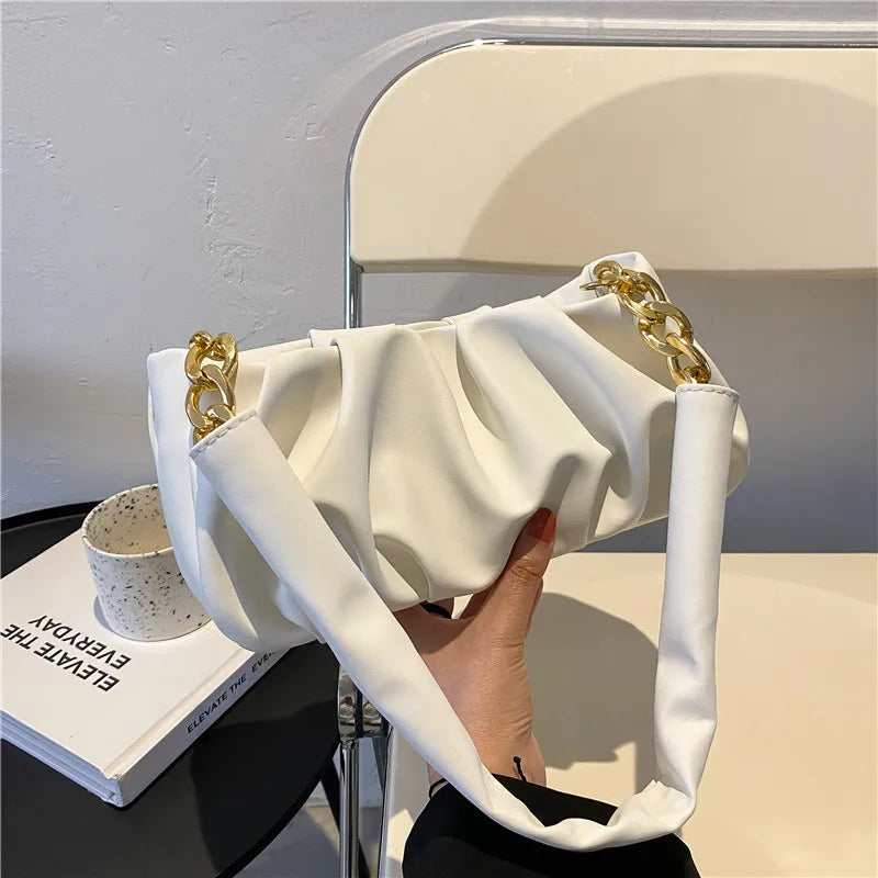 Solid Pleated Tote Bag Soft Leather Women Handbag Shoulder Armpit Bag