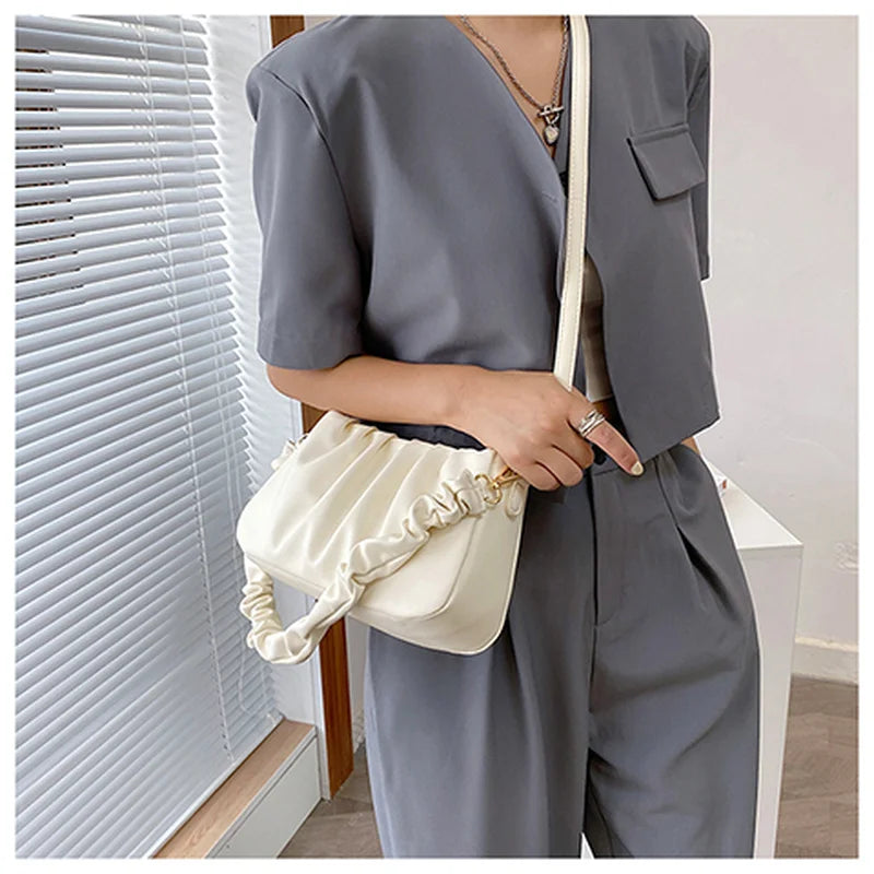 Solid Pleated Tote Bag Soft Leather Women's Handbag Travel Shoulder Armpit Bag