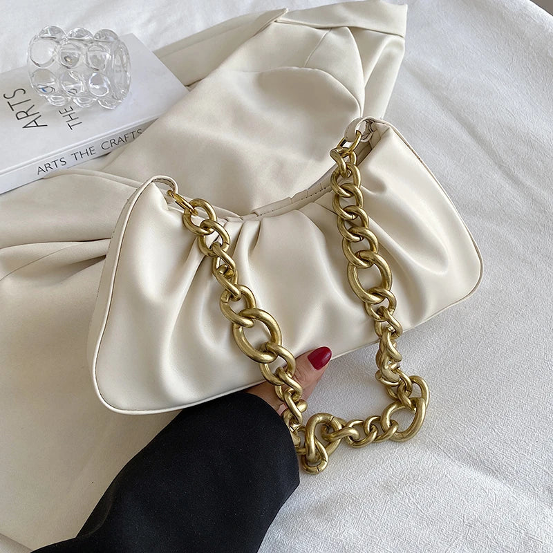 Pleated Tote Bag with Thick Chain Shoulder Strap
