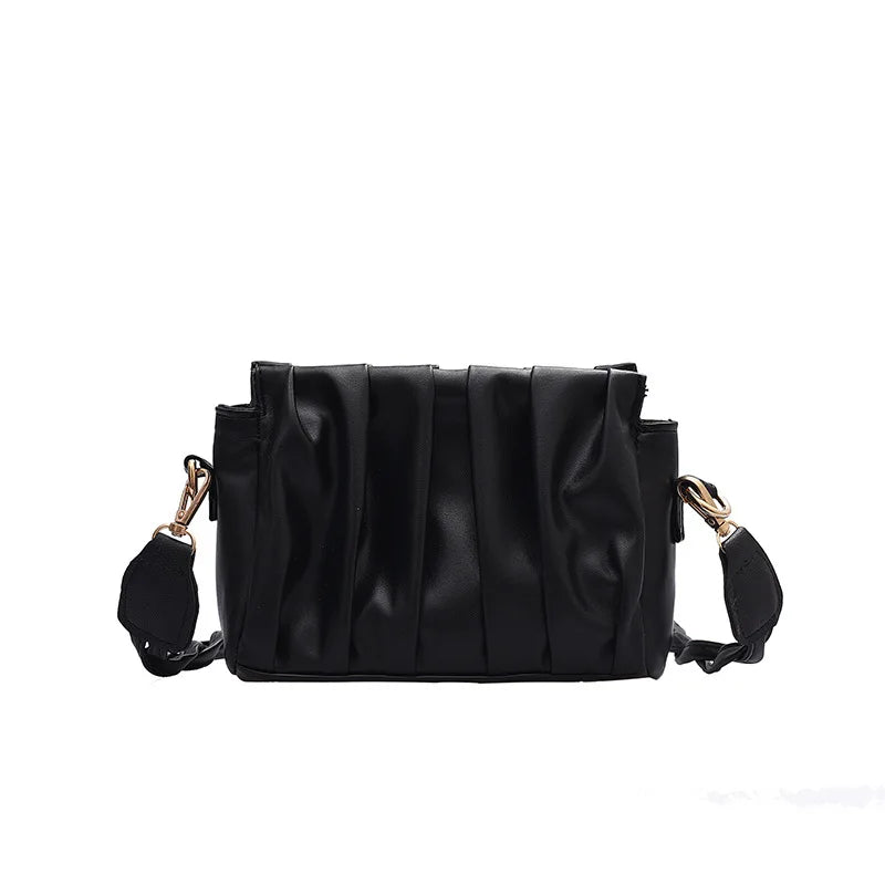 Solid Pleated Tote Bag PU Leather Women's Handbag Messenger Bag