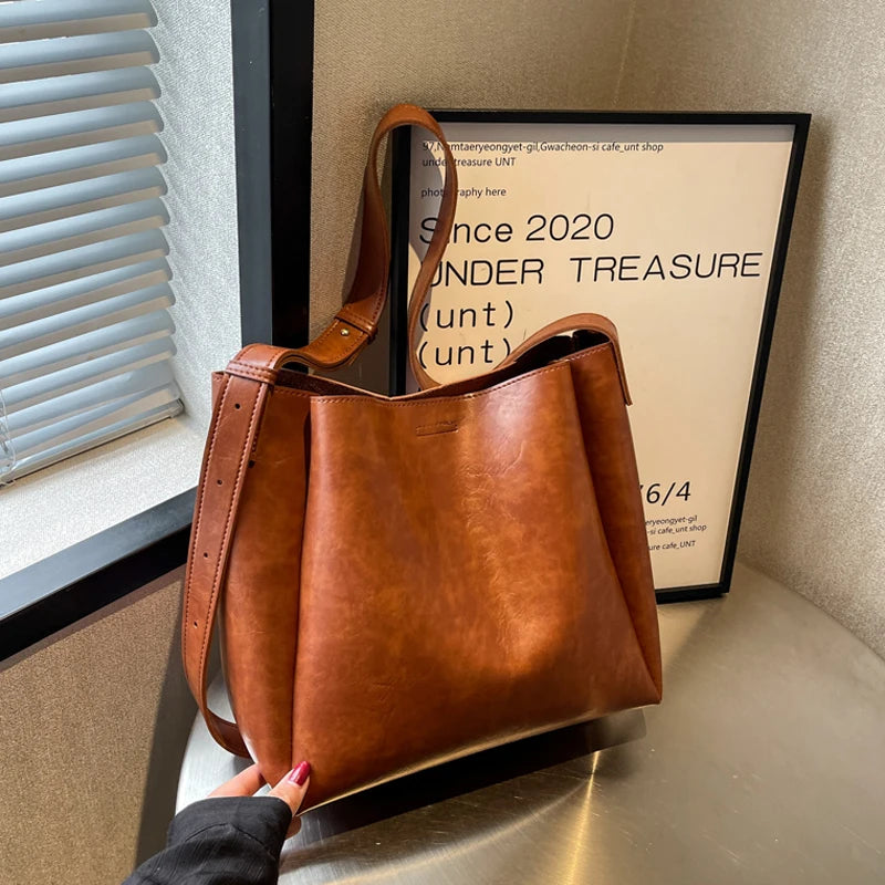 Vintage PU Leather Bucket Bag Large Capacity Crossbody Bags Women Shoulder Bags