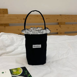 Solid Women Canvas Bucket Bag Lace Portable Phone Pouch Clutch Purse Handbag