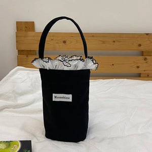 Solid Women Canvas Bucket Bag Lace Portable Phone Pouch Clutch Purse Handbag