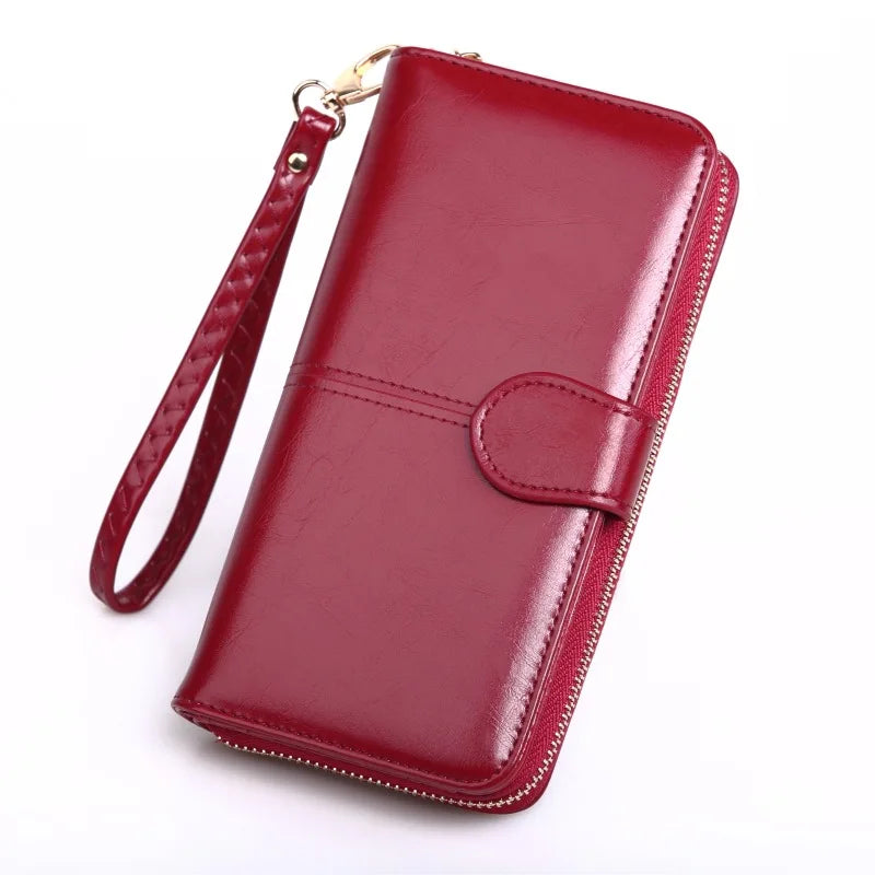Solid Women Long Wallet Zipper&Hasp Card Package Oil Wax PU Leather Clucth Coin