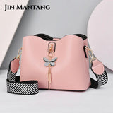 Women's Bucket Shoulder Bags PU Leather Weave Strap Messenger Bag