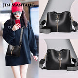 Women's Bucket Shoulder Bags PU Leather Weave Strap Messenger Bag