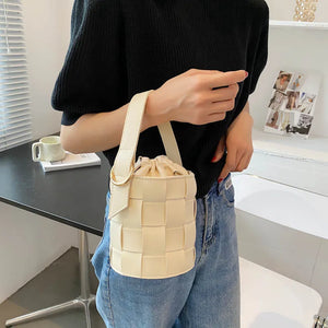 Solid Woven Bucket Bag Handbag Retro Messenger Bag