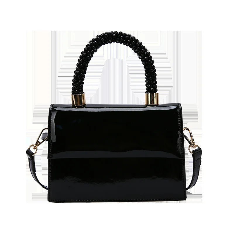 Vintage Patent Leather Shoulder Bag with Beading Handle
