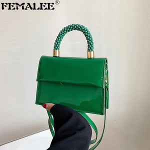 Vintage Patent Leather Shoulder Bag with Beading Handle