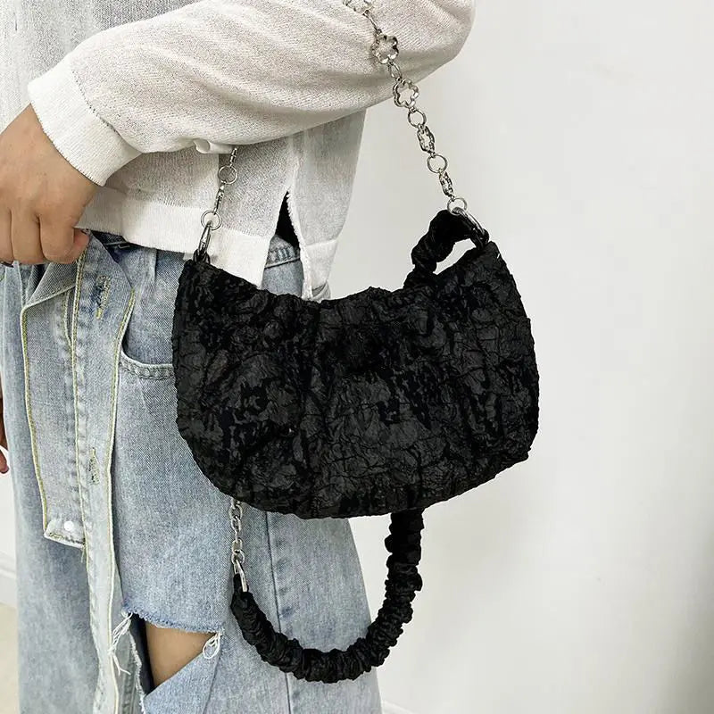 Solid Folds Shoulder Bag Women Chains Texture Cross Body Handbag