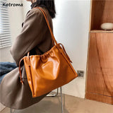 Large Capacity Tote Bag Drawstring Shoulder Handbag Retro Ladies