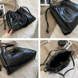 Large Capacity Tote Bag Drawstring Shoulder Handbag Retro Ladies