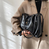 Large Capacity Tote Bag Drawstring Shoulder Handbag Retro Ladies