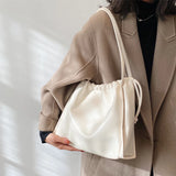 Large Capacity Tote Bag Drawstring Shoulder Handbag Retro Ladies