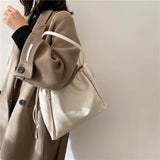 Large Capacity Tote Bag Drawstring Shoulder Handbag Retro Ladies