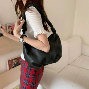 Solid PU Leather Shoulder Bags Women Underarm Pleated Zipper Travel Date