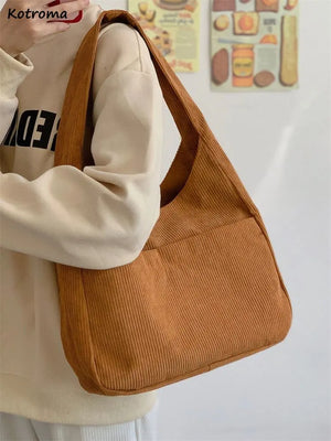 Solid Corduroy Shoulder Bags Large Capacity Handbags Book Underarm Bag