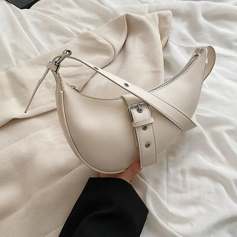Solid Leather Saddle Crossbody Bag for Women Underarm Bag Shoulder Handbag