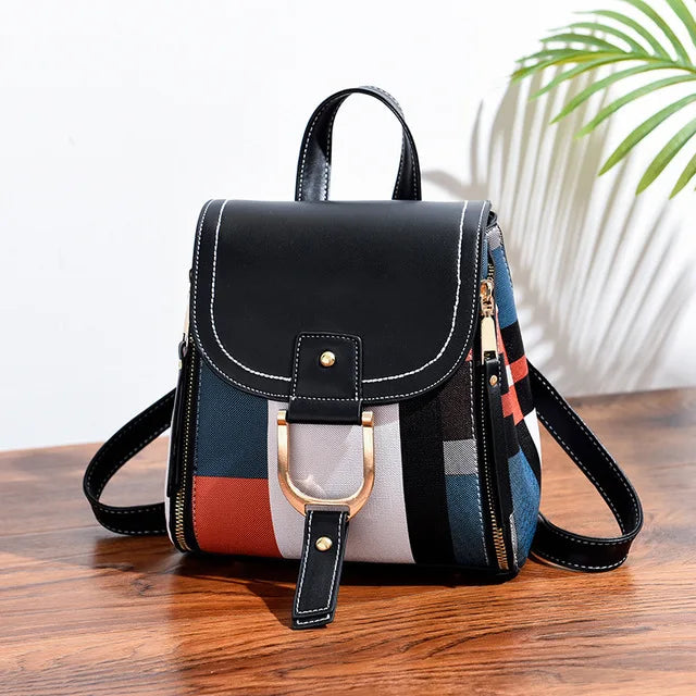 Women's PU Leather Plaid Backpack Multi-Function Knapsack
