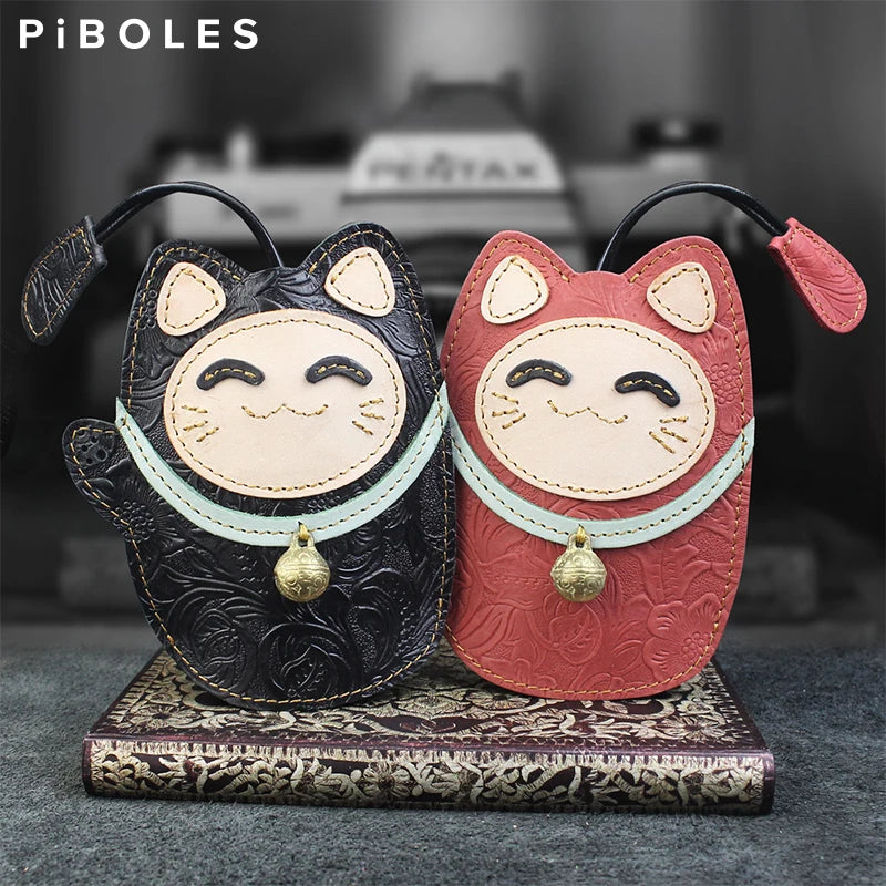 Lucky Cat Smart Key Holder Leather Keychain Vintage Key Bag