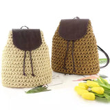 Women's Stitched Leather Backpack, Woven Beach Handbag