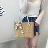 Straw Woven Shoulder Bag with Silk Scarf for Women
