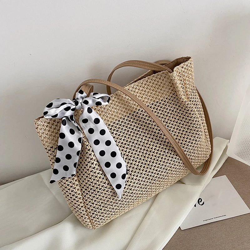 Straw Woven Shoulder Bag with Silk Scarf for Women