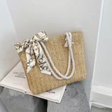 Straw Woven Shoulder Bag with Silk Scarf for Women