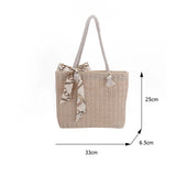 Straw Woven Shoulder Bag with Silk Scarf for Women