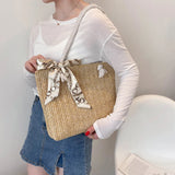Straw Woven Shoulder Bag Silk Scarf Large Capacity Handbag