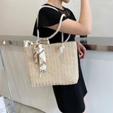Straw Woven Shoulder Bag Silk Scarf Large Capacity Handbag
