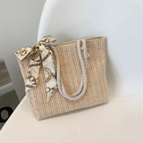Straw Woven Shoulder Bag Silk Scarf Large Capacity Handbag