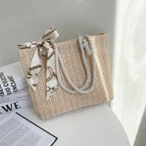 Straw Woven Shoulder Bag Silk Scarf Large Capacity Handbag