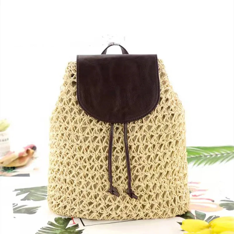 Women's Stitched Leather Backpack Woven Solid Beach Handbag