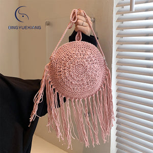 Solid Knitting Ladies Shoulder Bag Circular Textile Crossbody Beach Bag