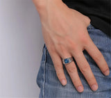 Square Aquamarine Gemstone Men's Ring Stainless Steel Diamond Jewelry