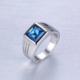 Square Aquamarine Gemstone Men's Ring Stainless Steel Diamond Jewelry