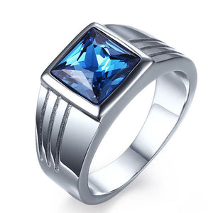 Square Aquamarine Gemstone Men's Ring Stainless Steel Diamond Jewelry