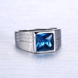 Square Aquamarine Gemstone Men's Ring Stainless Steel Diamond Jewelry