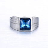 Square Aquamarine Gemstone Men's Ring Stainless Steel Diamond Jewelry