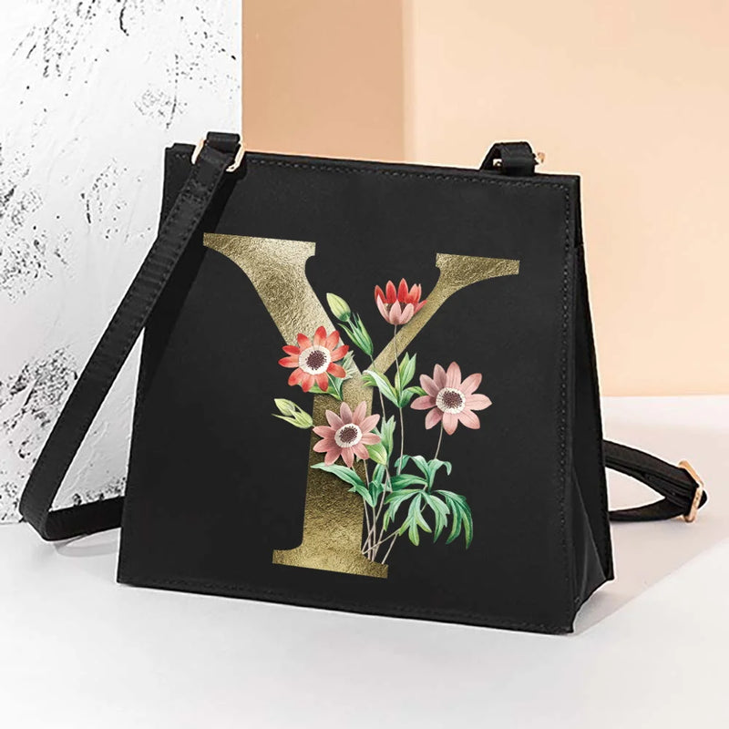 Golden Flower Print Tote Bag Casual Shoulder Messenger Bag