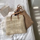 Square Hollow Straw Beach Bag Woven Shoulder Bag Raffia Rattan Shopping