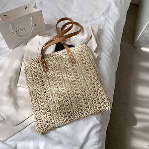 Square Hollow Straw Beach Bag Woven Shoulder Bag Raffia Rattan Shopping