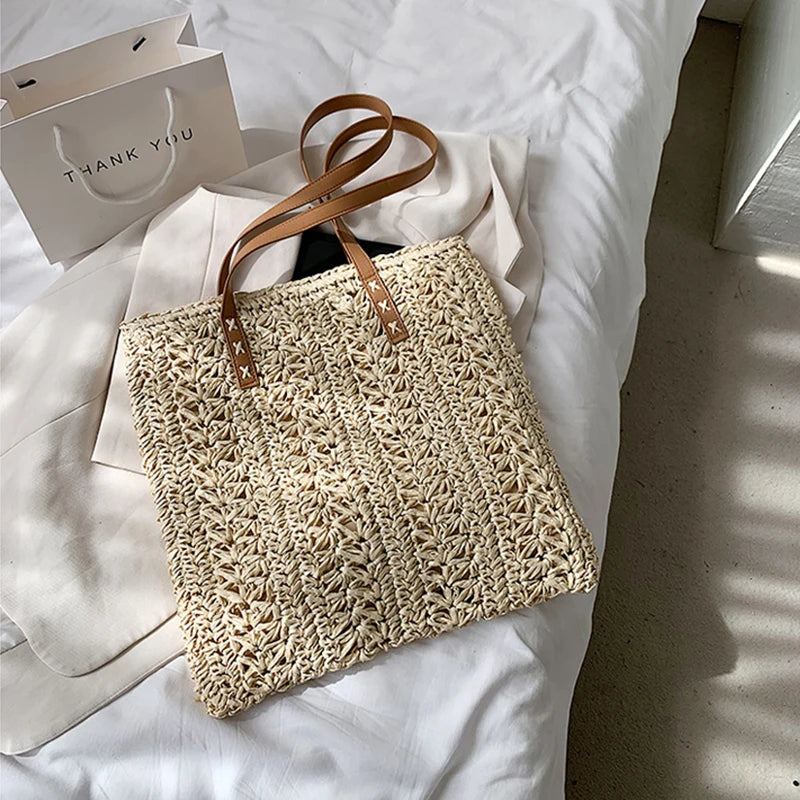 Square Hollow Straw Beach Bag Woven Shoulder Bag Raffia Rattan Shopping
