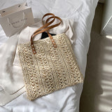 Square Hollow Straw Beach Bag Woven Shoulder Bag Raffia Rattan Shopping