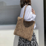 Square Hollow Straw Beach Bag Woven Shoulder Bag Raffia Rattan Shopping